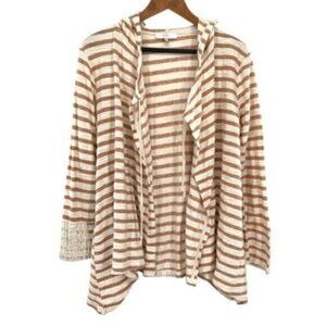 Entro Striped Crochet Lace Hooded Open Front Cardigan Sweater